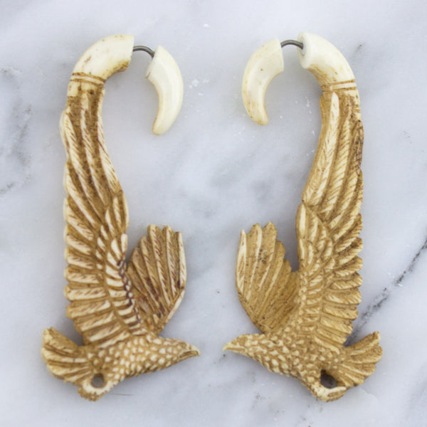 Soaring Eagle Stained Bone Hangers / Fake Gauges Earrings