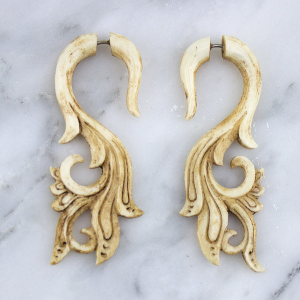 Tail Vine Stained Bone Hangers / Fake Gauges Earrings