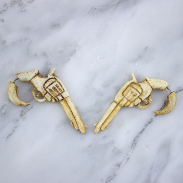 Revolver Stained Bone Hangers / Fake Gauges Earrings