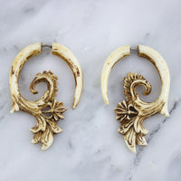 Ornate Stained Bone Hangers / Fake Gauges Earrings