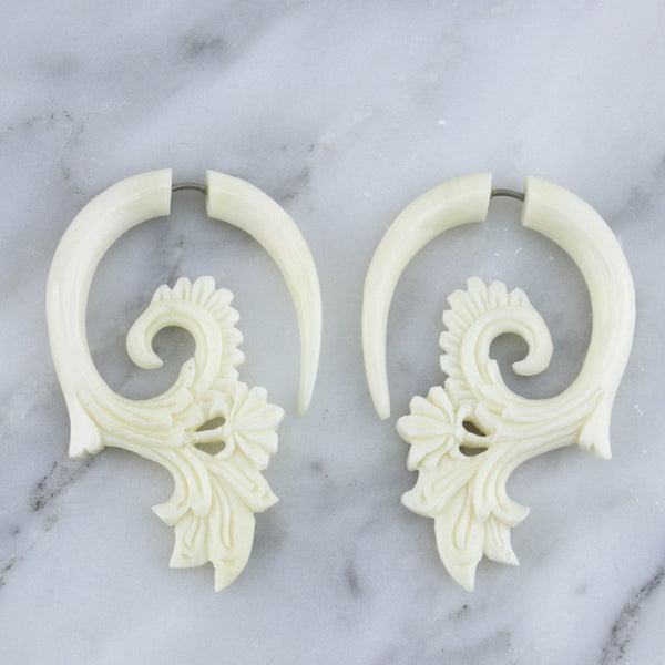 Carved Habit Bone Hangers / Fake Gauges Earrings