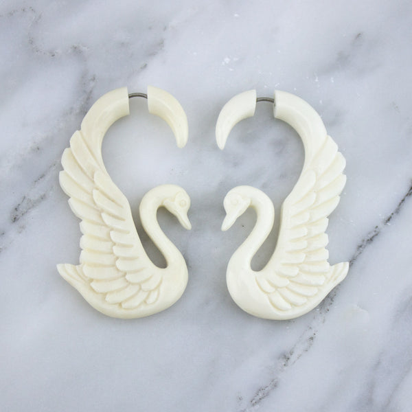 Carved Goose Bone Hanging Fake Gauges Earrings