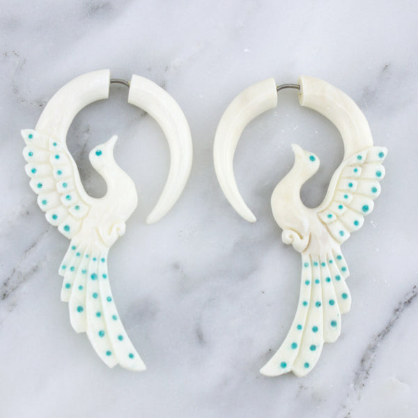 Turquoise Peacock Bone Hangers Fake Gauges Earrings