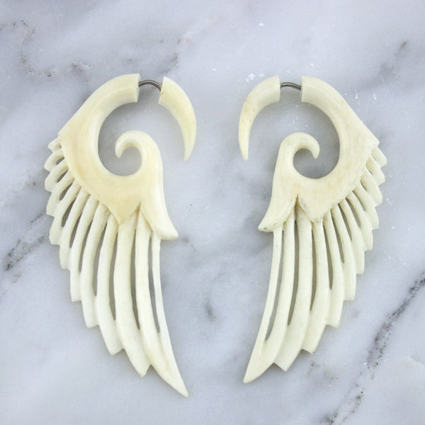 Skewer Wing Bone Spiral Fake Gauges Earrings