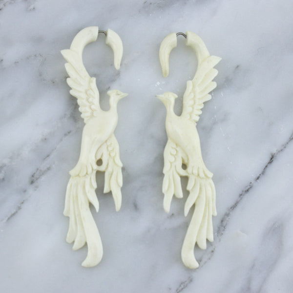 Flying Heron Bone Hanging Fake Gauges Earrings