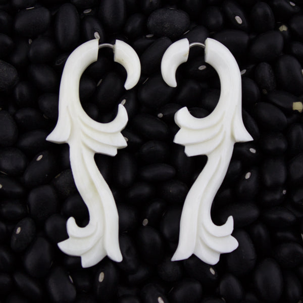 White Bone Lasting Filigree Organic Fake Gauges Earrings