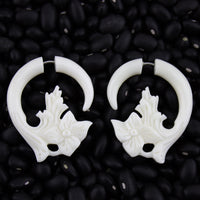 White Bone Flower Splash Spiral Fake Gauges Earrings