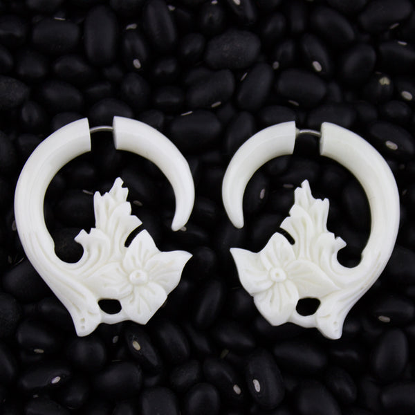 White Bone Flower Splash Spiral Fake Gauges Earrings