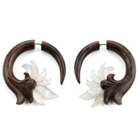 Wood & Mop Carved Lotus Spirals Fake Gauge Earrings