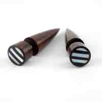 Sono Wood Fake Gauges Tapers With Striped Mother Of Pearl Inlay Earrings
